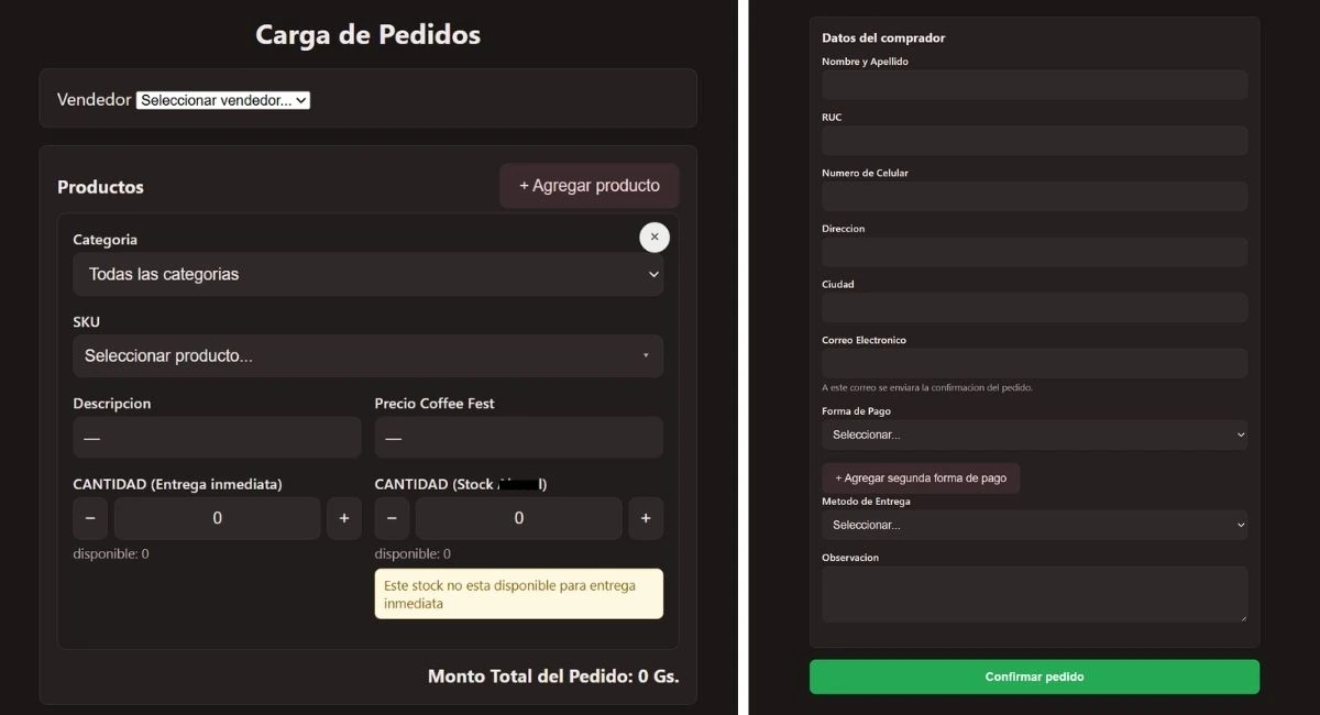 Formulario de carga de pedidos conectado al stock del evento