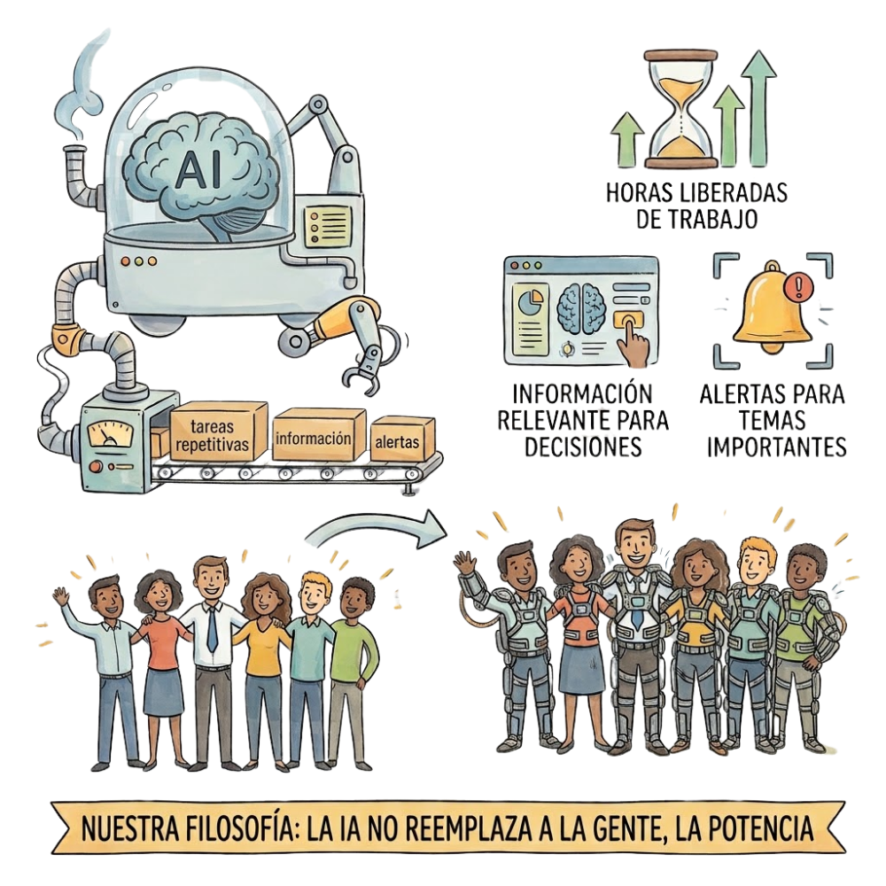 Ilustración: la IA procesa tareas repetitivas, información y alertas, y el equipo sale potenciado — la IA no reemplaza a la gente, la potencia